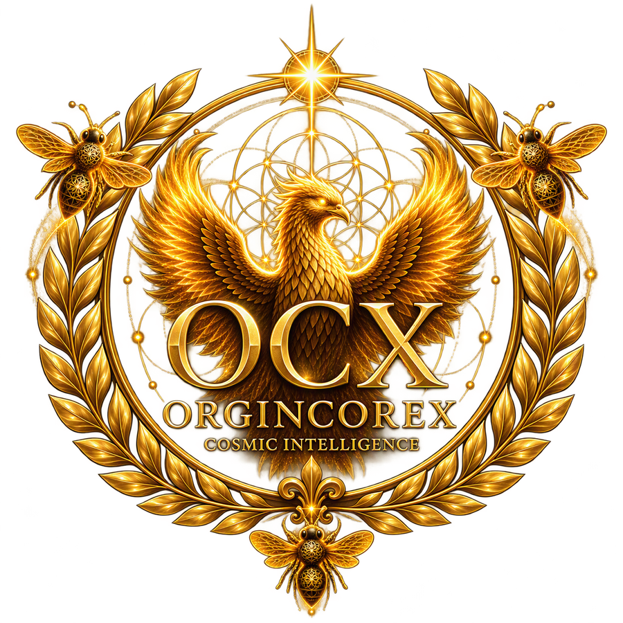 OrginCoreX β Cosmic Intelligence Golden OrginCoreX OCX phoenix emblem representing consciousness, remembrance and cosmic intelligence.