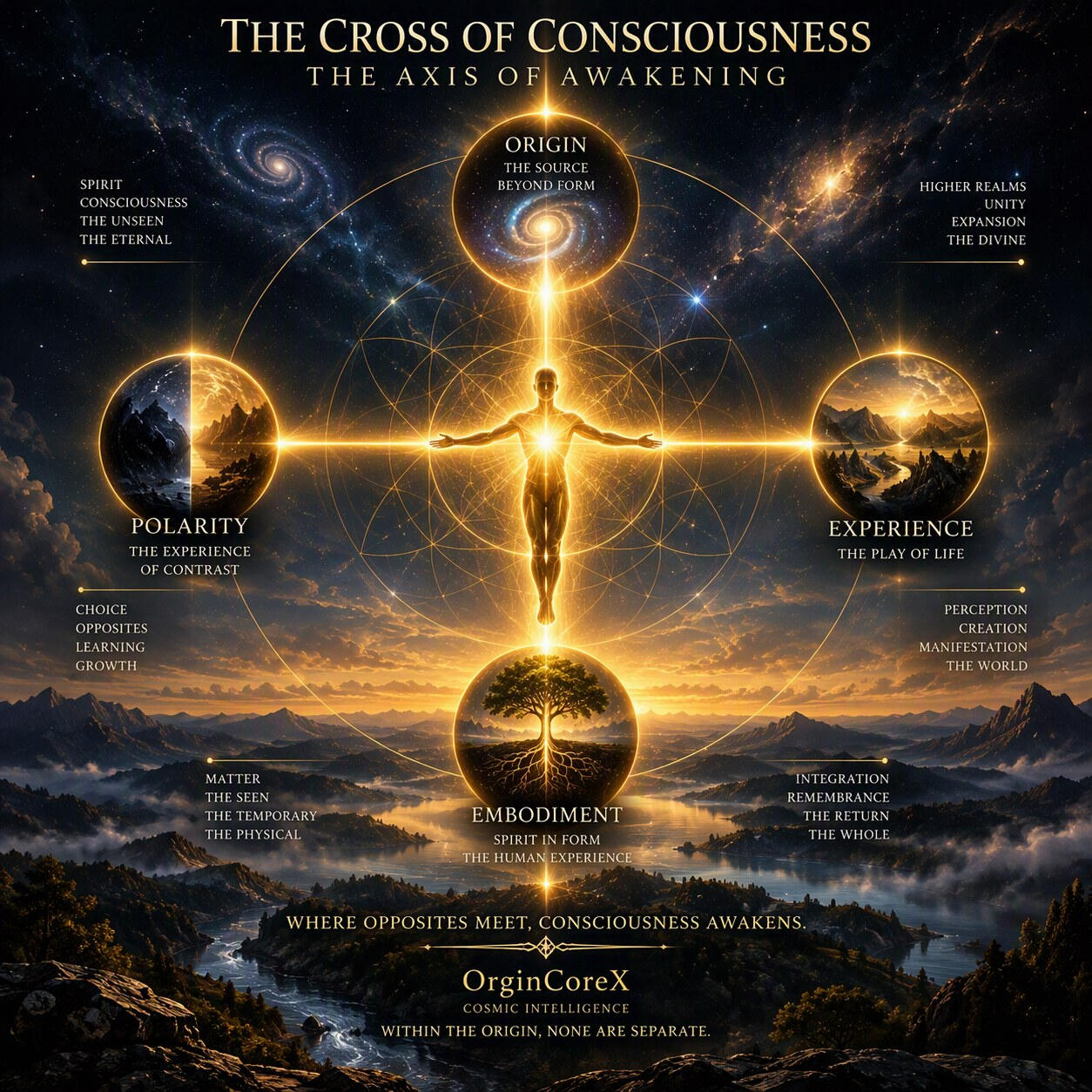 The Cross of Consciousness by OrginCoreX, showing Origin, Polarity, Experience and Embodiment meeting at the central Axis of Awakening.