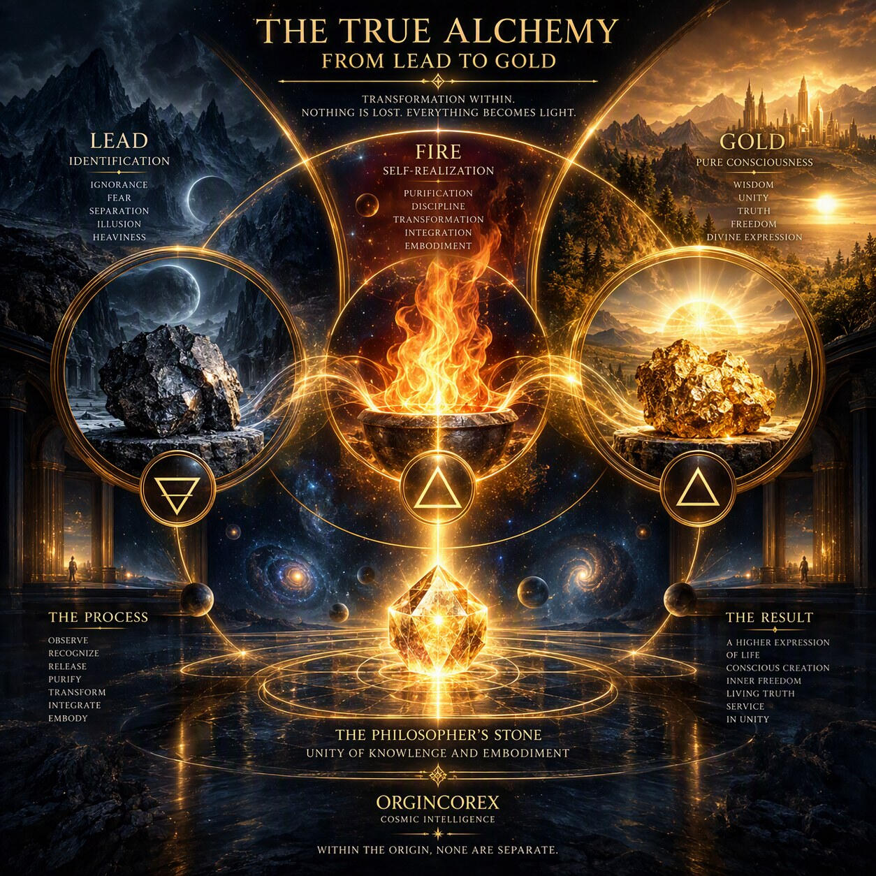 The True Alchemy β From Lead to Gold The True Alchemy by OrginCoreX, symbolizing the inner transformation from identification through the fire of self-realization into pure divine consciousness.